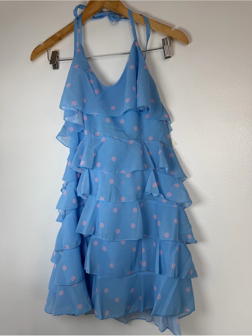 NWT Lush Halter Ruffle Mini Dress Polka Dot Blue Pink Small